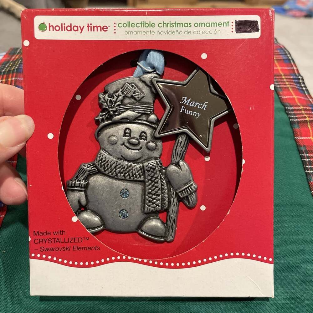 Pewter Snowman MARCH Funny Birthstone Ornament Gloria Duchin Swarovski Crystals